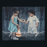 Modern handwritten script family faux canvas print<br><div class="desc">Showcase your favorite family picture with this modern photo block,  with the word Family written with a beautiful text overlay. You can easily change the color and size of the text to fit your picture.</div>