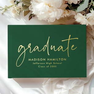 Modern Handwritten Script Green Photo Graduation Foil Guest Book