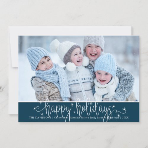 Modern Handwritten Script HAPPY HOLIDAYS Blue Holiday Card