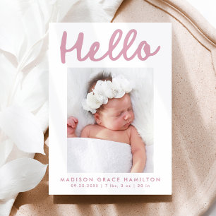 Modern Handwritten Script Hello Birth Letterpress Photo Cards