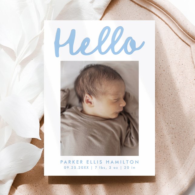 Modern Handwritten Script Hello Blue Birth Letterpress Photo Cards (Creator Uploaded)