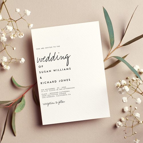 Modern handwritten script lettering white wedding invitation