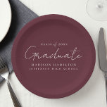 Modern Handwritten Script Maroon Graduation Paper Plates<br><div class="desc">Elevate your graduation party decor with our stylish graduation paper plates! Featuring a chic handwritten white script and a maroon background, these paper plates add a touch of sophistication to your celebration. Personalize them with the graduate's name, graduation year, and school name. Whether you're serving snacks or drinks, these plates...</div>