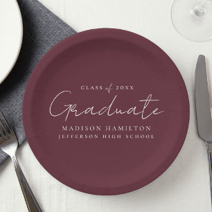 Modern Handwritten Script Maroon Graduation Paper Plates