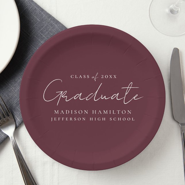 Modern Handwritten Script Maroon Graduation Paper Plates (Creator Uploaded)