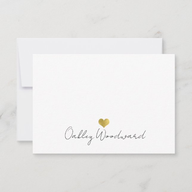 Modern Handwritten Script Name Gold Heart Note Card (Front)