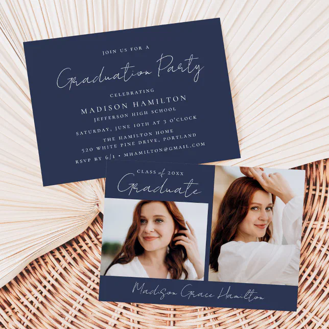 Modern Handwritten Script Navy 2 Photo Graduation Invitation | Zazzle