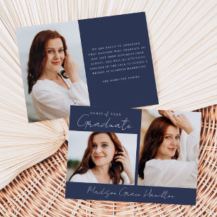 Modern Handwritten Script Navy 3 Photo Graduation Announcement