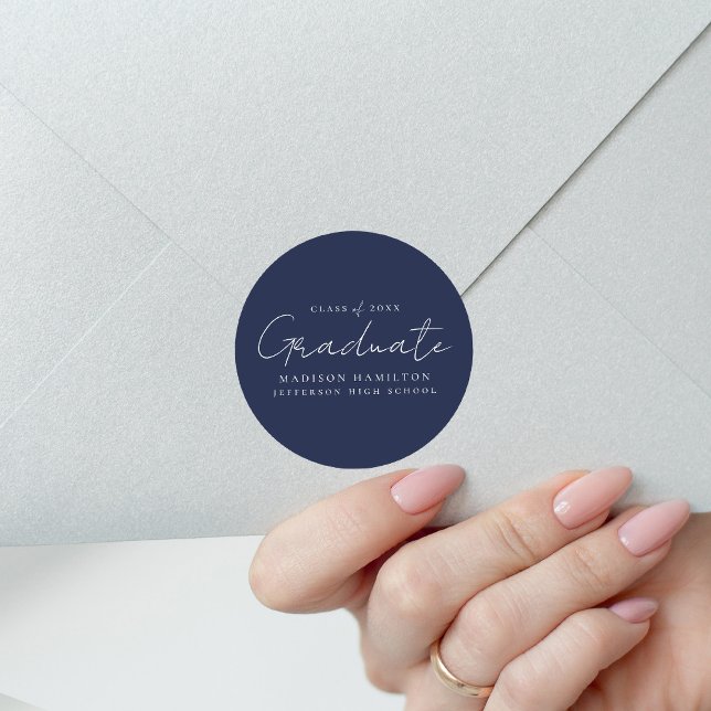 Modern Handwritten Script Navy Graduation Classic Round Sticker (Creator Uploaded)