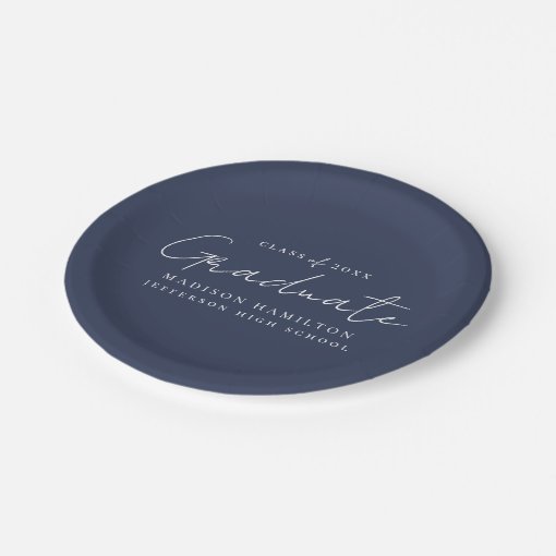 Modern Handwritten Script Navy Graduation Paper Plates | Zazzle