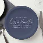Modern Handwritten Script Navy Graduation Paper Plates<br><div class="desc">Elevate your graduation party decor with our stylish graduation paper plates! Featuring a chic handwritten white script and a navy background, these paper plates add a touch of sophistication to your celebration. Personalize them with the graduate's name, graduation year, and school name. Whether you're serving snacks or drinks, these plates...</div>