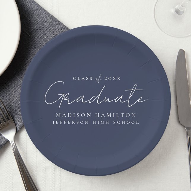 Modern Handwritten Script Navy Graduation Paper Plates (Creator Uploaded)