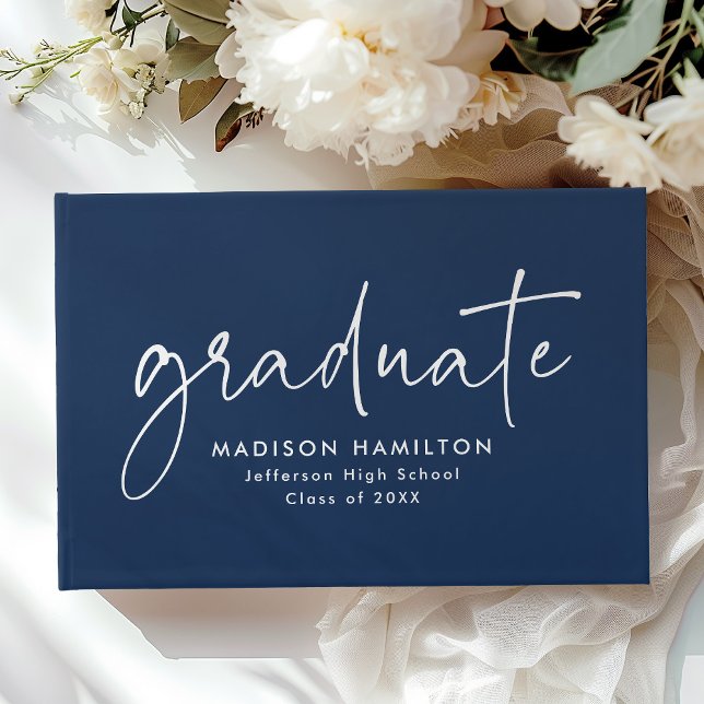 Modern Handwritten Script Navy Photo Graduation Guest Book (Creator Uploaded)