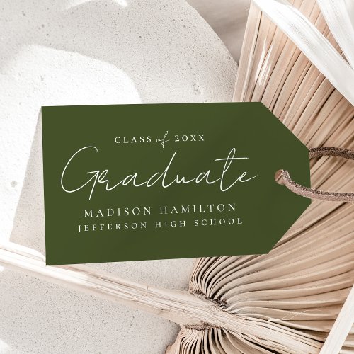 Modern Handwritten Script Olive Green Graduation Gift Tags