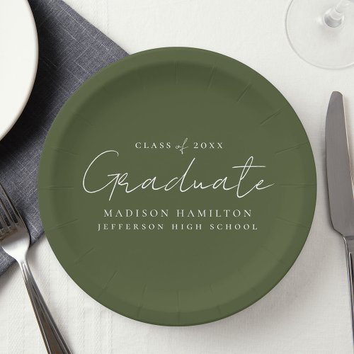 Modern Handwritten Script Olive Green Graduation Paper Plates