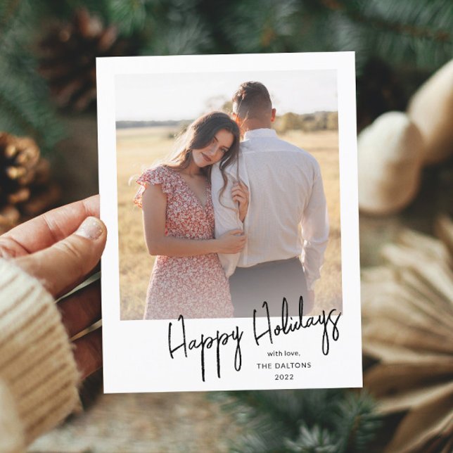 Modern Handwritten Script Photo Holiday Postcard (Simple handwritten black and white holiday photo postcard.)