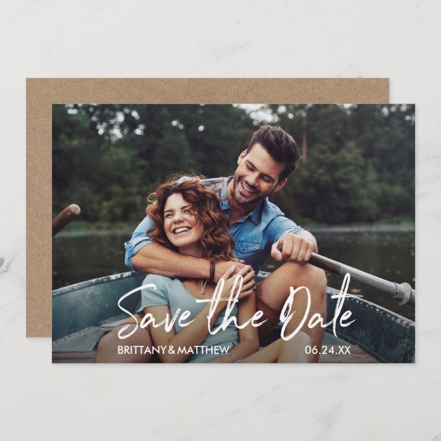 Modern Handwritten Script Photo Kraft Save The Date (Front/Back)