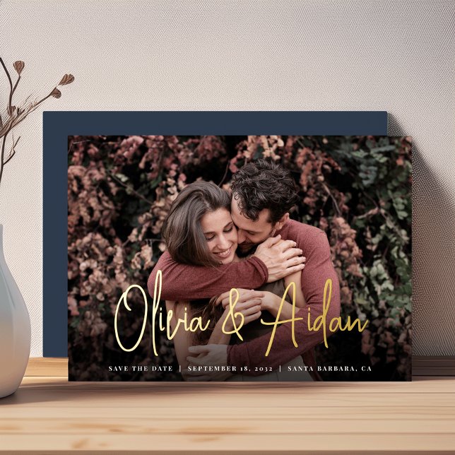 Modern Handwritten Script Photo Save the Date Foil Invitation (Creator Uploaded)