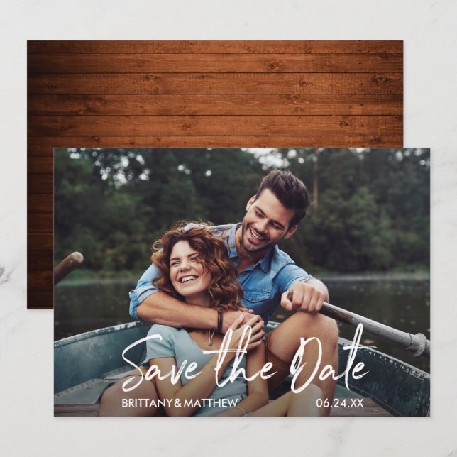 Modern Handwritten Script Photo Wood Save The Date (Front/Back)