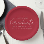 Modern Handwritten Script Red Graduation Paper Plates<br><div class="desc">Elevate your graduation party decor with our stylish graduation paper plates! Featuring a chic handwritten white script and red background, these paper plates add a touch of sophistication to your celebration. Personalize them with the graduate's name, graduation year, and school name. Whether you're serving snacks or drinks, these plates are...</div>