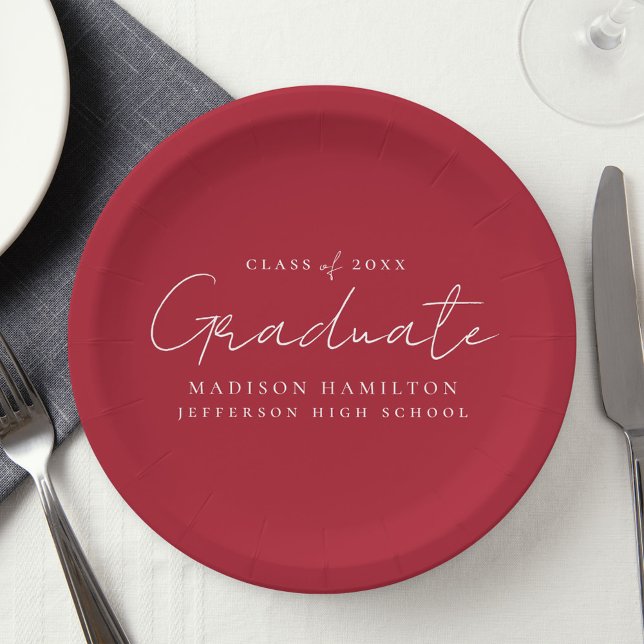 Modern Handwritten Script Red Graduation Paper Plates (Creator Uploaded)