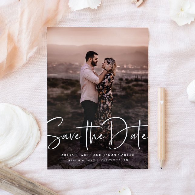 Modern Handwritten Script Save The Date (modern script save the date photo card)