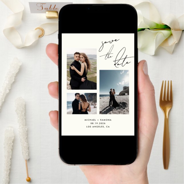 Modern Handwritten Script Three Photo QR Code Save The Date (Front Digital)