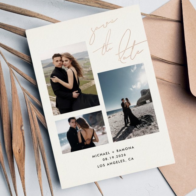 Modern Handwritten Script Three Photo Save Date Foil Invitation (Creator Uploaded)