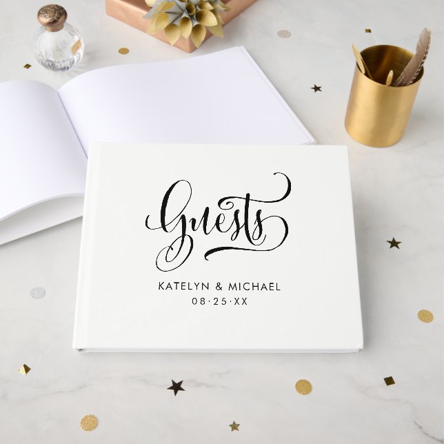 Modern Handwritten Script Wedding Guest Book (Front Open)