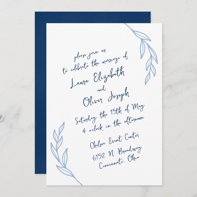 Modern Handwritten Script Wedding Invitations Blue (Front/Back)
