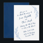 Modern Handwritten Script Wedding Invitations Blue<br><div class="desc">Modern simplicity meets whimsical romance. This wedding invitation features a beautiful mix of flowing handwriting inspired blue script on a crisp white background,  accented with elegant botanical illustrations. A perfect match for your timeless love story.</div>