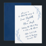 Modern Handwritten Script Wedding Invitations Blue<br><div class="desc">Modern simplicity meets whimsical romance. This wedding invitation features a beautiful mix of flowing handwriting inspired blue script on a crisp white background,  accented with elegant botanical illustrations. A perfect match for your timeless love story.</div>