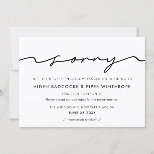 Modern handwritten sorry wedding update card