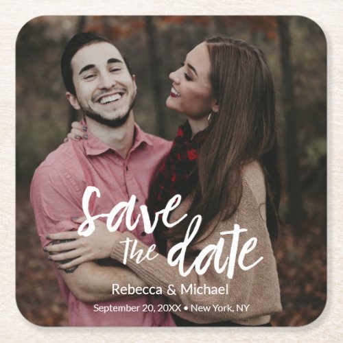 Modern Handwritten Stylish Save the date Wedding Square Paper Coaster