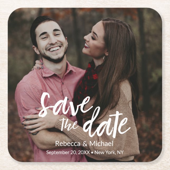 Modern Handwritten Stylish Save the date Wedding Square Paper Coaster (Front)