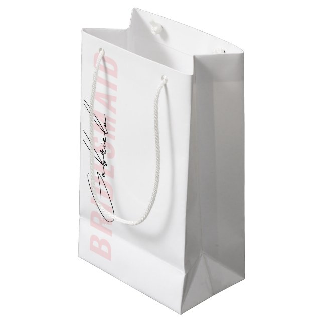 Modern Handwritten Stylish Script Pink Bridesmaid Small Gift Bag (Front Angled)