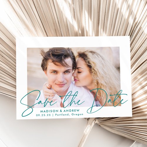 Modern Handwritten Teal Script Photo Save The Date