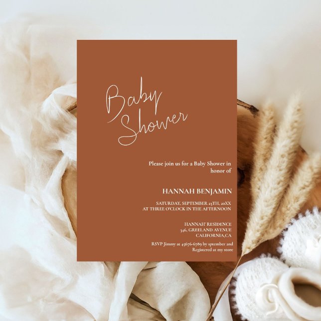 Modern handwritten terracotta baby shower invitation (Creator Uploaded)
