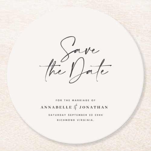 Modern handwritten typography wedding announcement round paper coaster