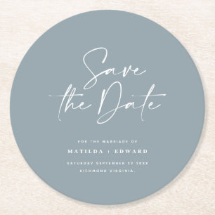 Modern handwritten typography wedding announcement round paper coaster