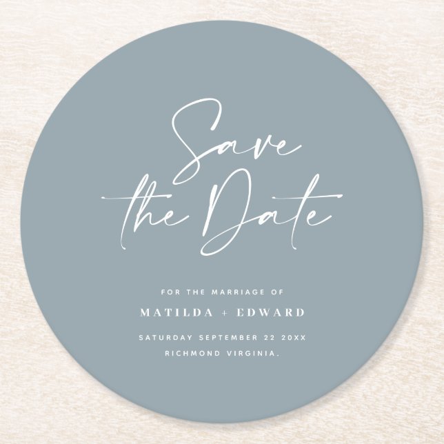 Modern handwritten typography wedding announcement round paper coaster (Front)