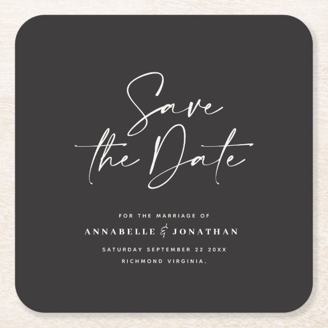 Modern handwritten typography wedding announcement square paper coaster (Front)