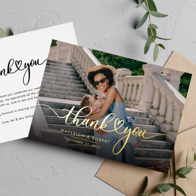 Modern Handwritten Wedding Photo Rose Gold Foil Invitation (Wedding Thank You Photo Script Gold Foil Card)