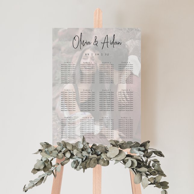 Modern Handwritten Wedding Photo Seating Chart Foam Board (Modern wedding seating chart with a photo background)