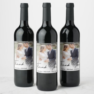 modern handwritten wedding photo thank you wine label