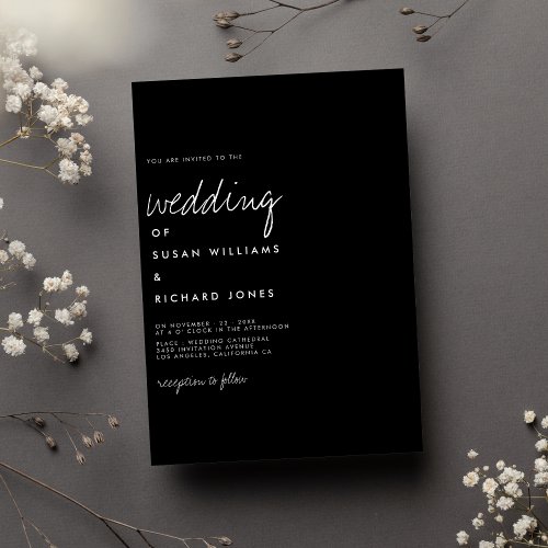 Modern handwritten white script lettering wedding invitation