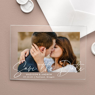 Modern Handwritten White Script Save the Date Acrylic Invitations