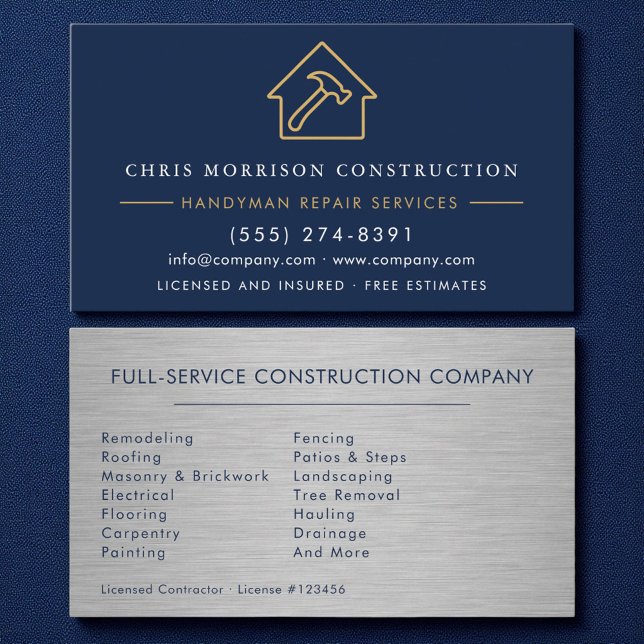 Modern Handyman Construction Metal Navy Blue Gold  Business Card (Creator Uploaded)