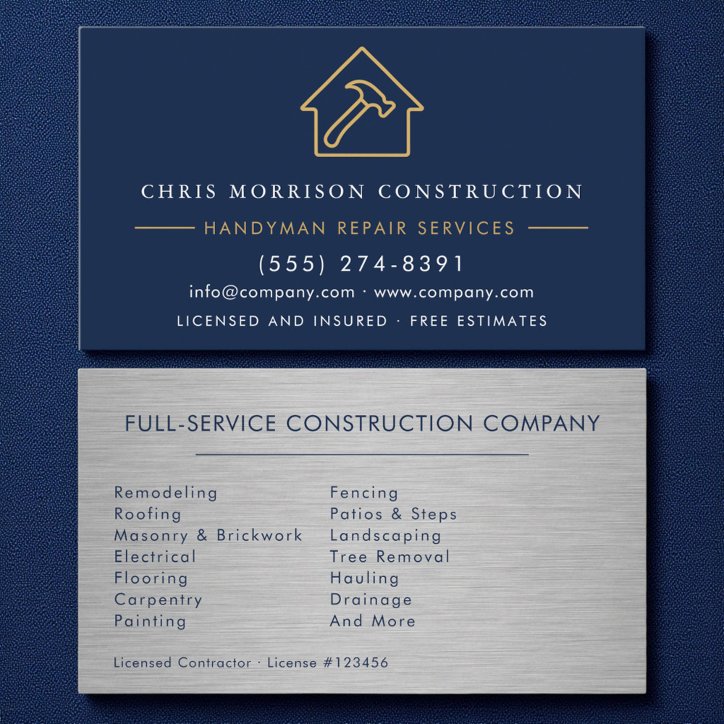 Modern Handyman Construction Metal Navy Blue Gold Business Card
