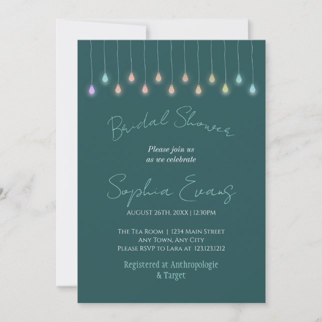Modern Hanging Lights Green Bridal Shower Invitation (Front)